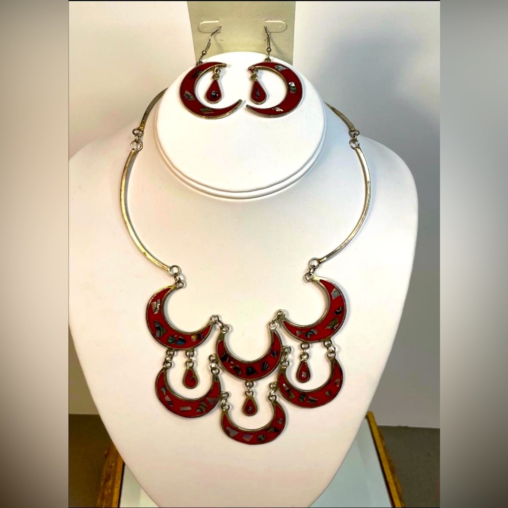 Vintage Alpaca Silver & Red Enamel with Abalone Inlays Necklace from Mexico